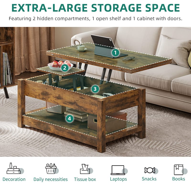Moasis Lift Top Coffee Table Extendable Tabletop with Hidden Storage and Shelves