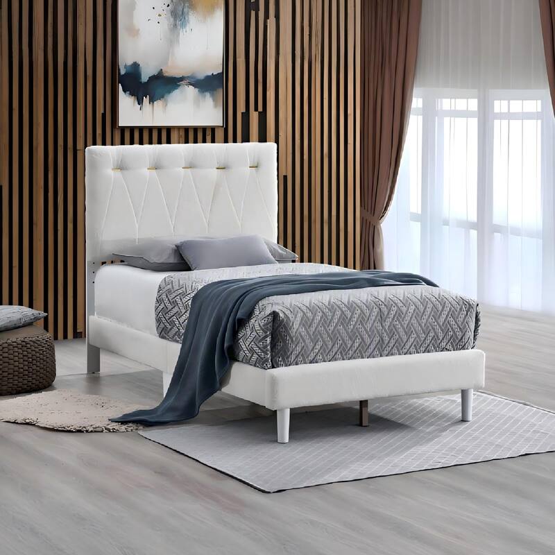 Tufted Twin Bed with Gold Accents, Wheat Fabric, Adjustable Headboard, and Wood Slat Kit - Wheat