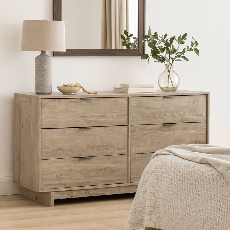 Fervor 59 Inch Dresser, 6 Drawers, Brown Wood Frame, Brushed Nickel Handles
