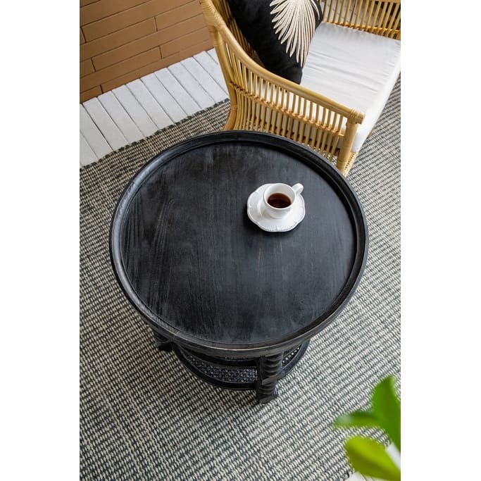 GDFStudio - Jonah Traditional Three-Tier Side Table with Rattan Shelves and Turned Wood Legs - 25.6"