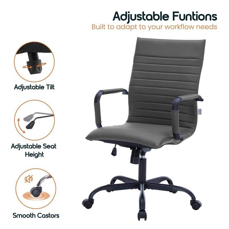 Harris Ribbed Leather Adjustable High-Back Desk Computer Swivel Office Chair in Black Metal Frame for Home Conference