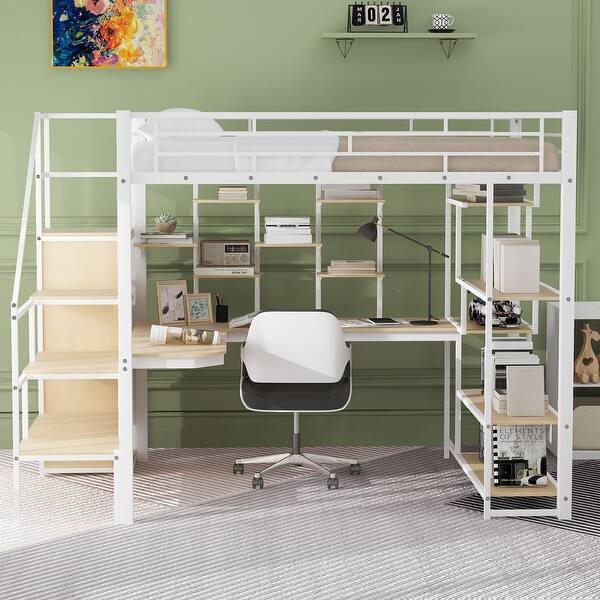 slide 2 of 10, Metal Full Loft Bed w/Desk, Storage Stairs, Wardrobe, Shelves - White White - Full