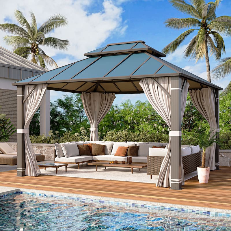 EROMMY Hardtop Gazebo, Waterproof Aluminum Pavilion with Netting & Curtains for Patio, Garden