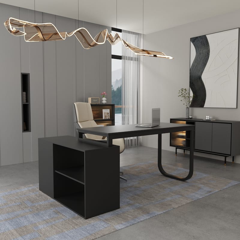 55" L-Shaped Computer Desk - Storage Workstation - 5 Colors Large - Black