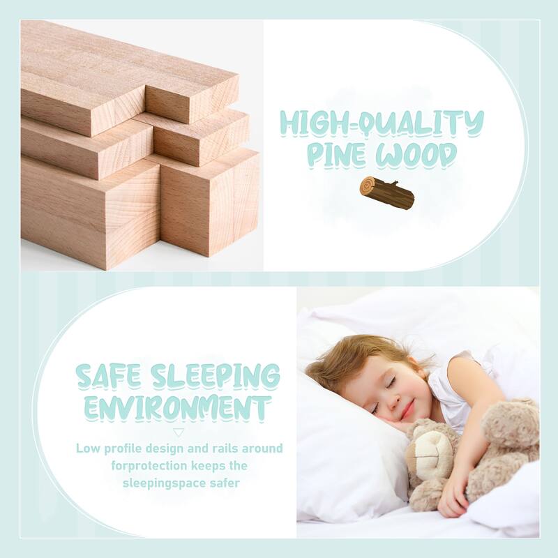 Natural Full Size Pine Wood Floor Bed with Safety Guardrails and Door for Kids, Boys, Girls, Bedroom