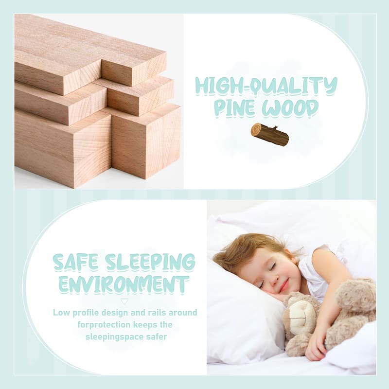 Pine Wood Floor Bed with Safety Guardrails and Door for Kids
