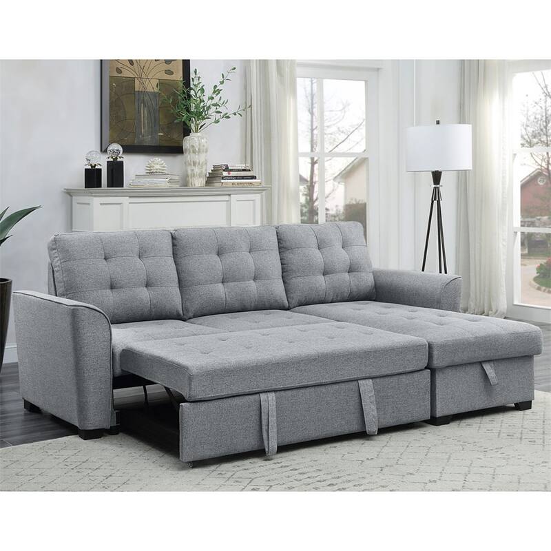 Light Grey Linen Sleeper Sectional Sofa with Reversible Storage Chaise