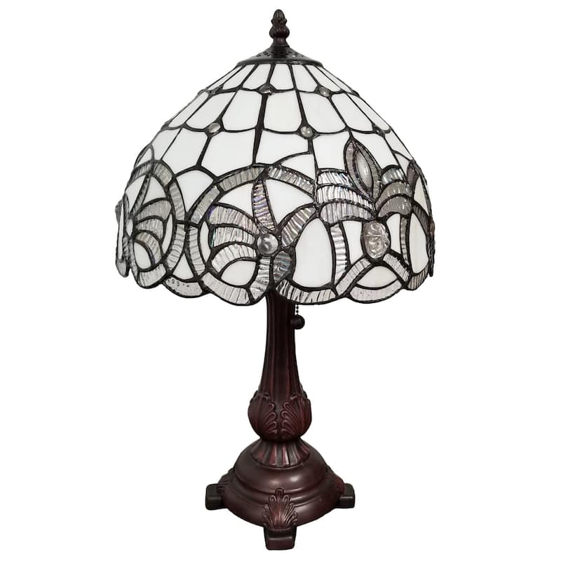 Tiffany Style Table Lamp 19" Tall Stained Glass White Floral Decor Nightstand Bedroom Handmade Gift Amora Lighting