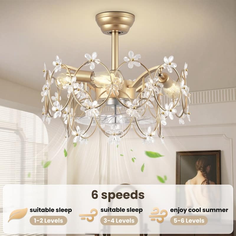 21 in. Indoor Golden Flower Crystal Ceiling Fan with Light, Ceiling Fans with Light and Remote, Flower Fandelier for Bedroom