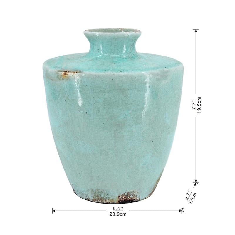 12 Inch Aqua Terracotta Crackle Glaze Round Table Vase for Home