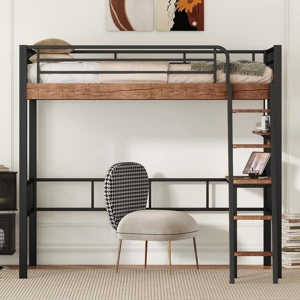 slide 2 of 20, Metal Loft Bed Frame with Built In Desk and Storage Shelf Black - Twin