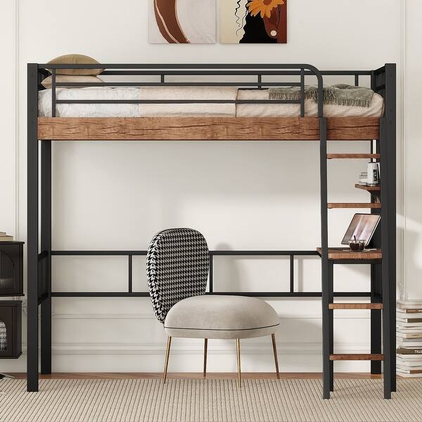 slide 2 of 12, Twin Metal Loft Bed with Built-in Desk and Shelving, Black Finish Black - Twin
