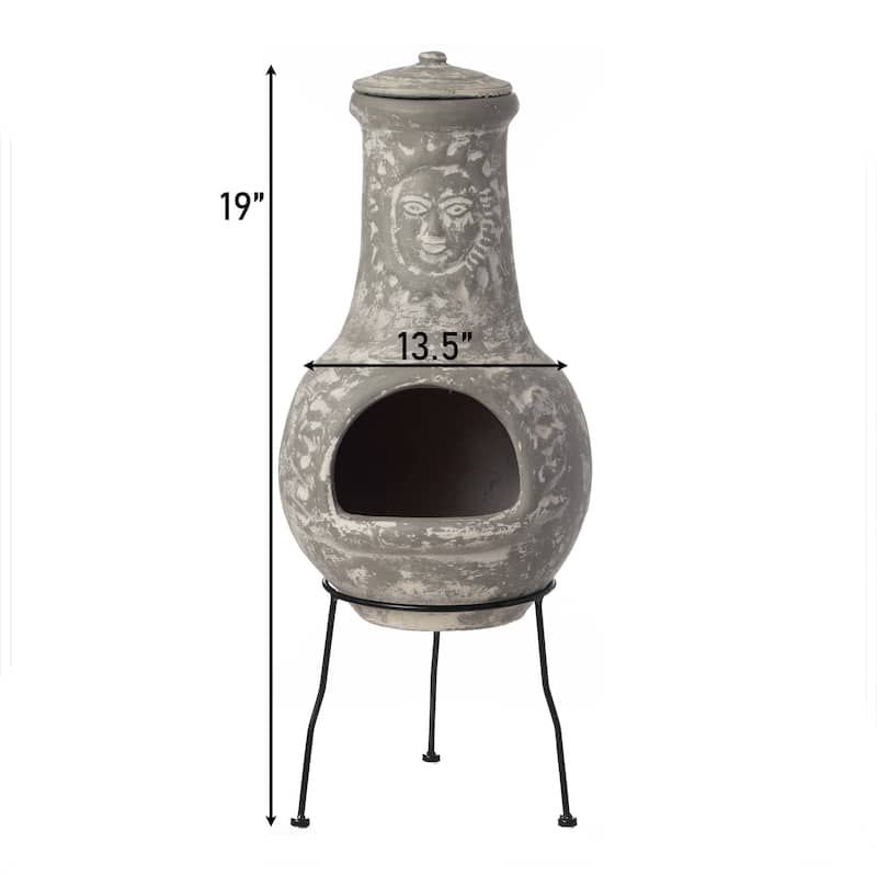 Outdoor Clay Chiminea Fireplace Sun Design Wood Burning Fire Pit with Sturdy Metal Stand, Barbecue, Cocktail Party