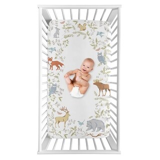 Woodland Animal Toile Collection Boy or Girl Photo Op Fitted Crib Sheet - Grey, Green, and Brown Bear Deer Fox