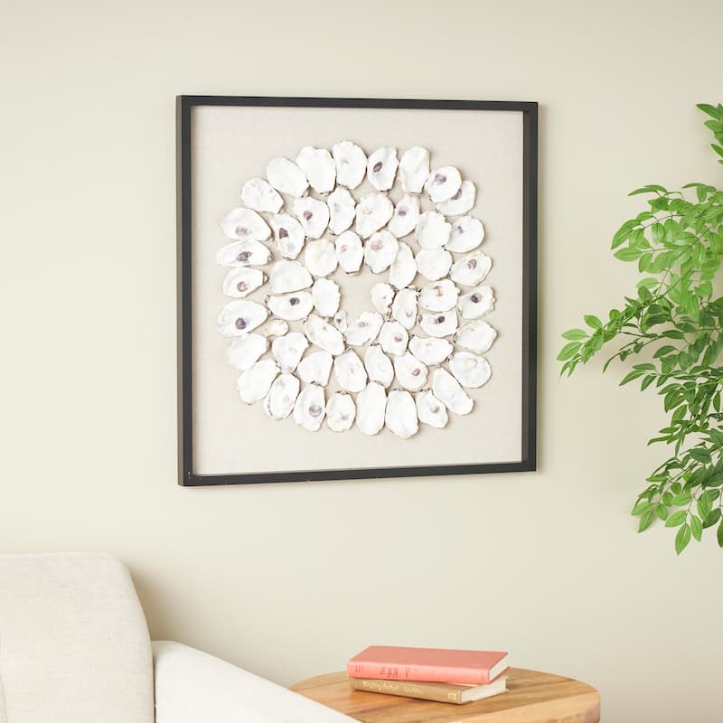 Cream Shell Handmade Abstract Circular Shell Wall Decor with Beige Linen Backing and Black Frame - Cream - 28"W, 28"H