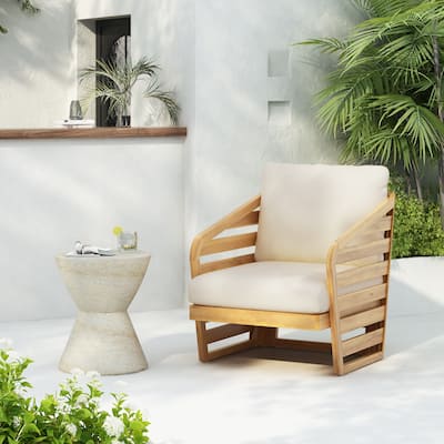 Lenrn Wood Textilene Club Chair with Acacia Frame and Water-Resistant Cushions by Christopher Knight Home