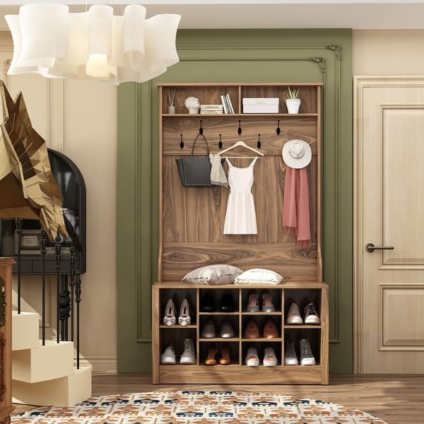 Coat Rack and Storage Bench Hall Tree with Shoe Rack for Entryway - Bed ...