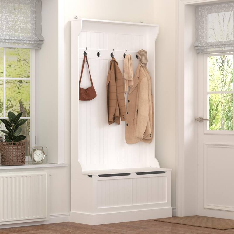 Entryway Bench with Standing Coat Rack, Hall Tree with Shoe Storage Bench, 5 Hooks, White