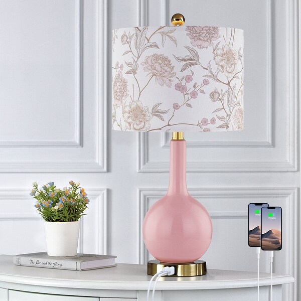 Cinkeda Pink Ceramic Table Lamp with USB Ports Floral Shade 3 Way Dimmable Touch Control Single Nightstand Lamp 24 Modern Gold Bedside Lamps for