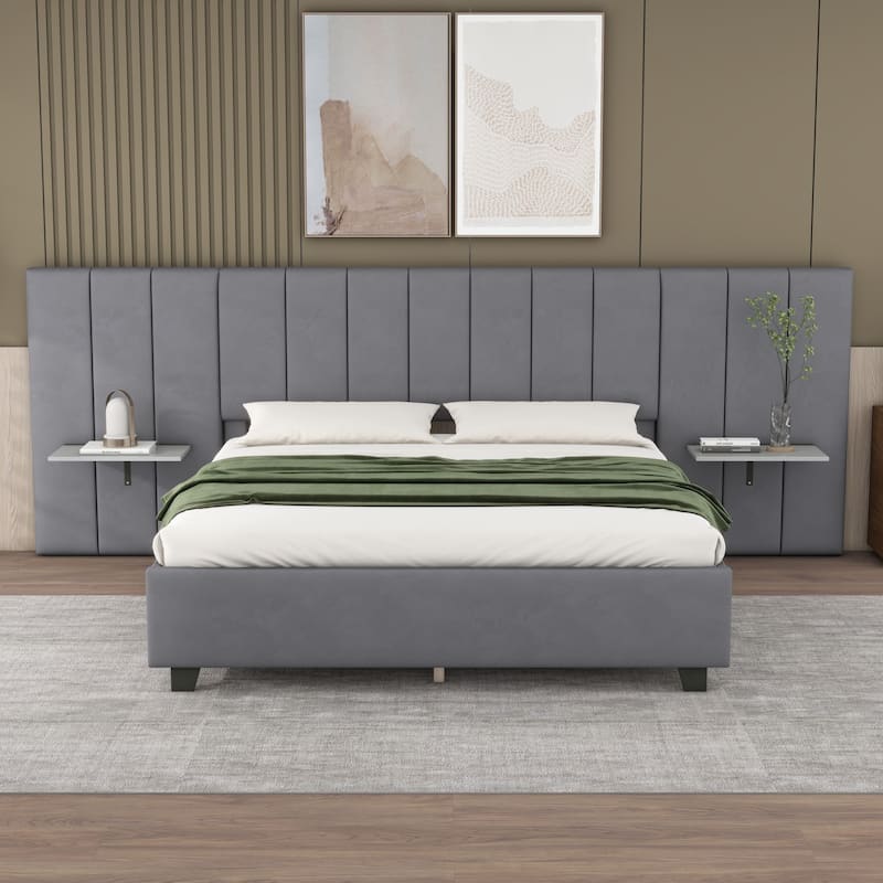 Velvet Upholstered Platform Bed - Grey - Queen