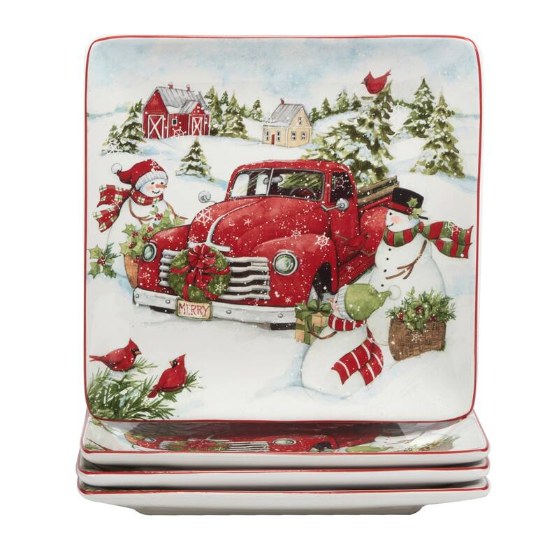 Certified International Red Truck Snowman 16 pc Dinnerware Set, Service for 4
