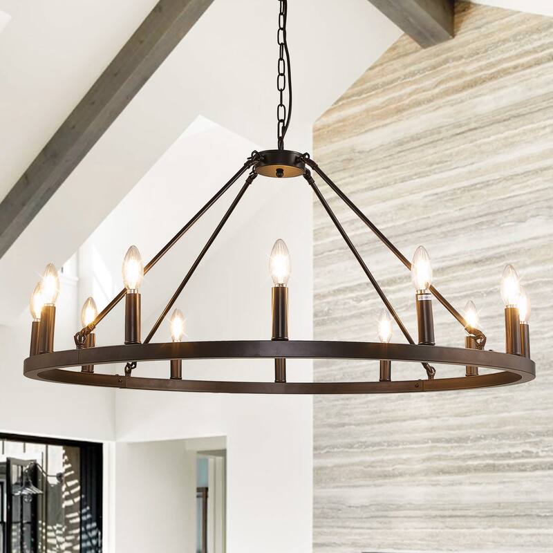 12 - Light Dimmable Wagon Wheel Chandelier - Black