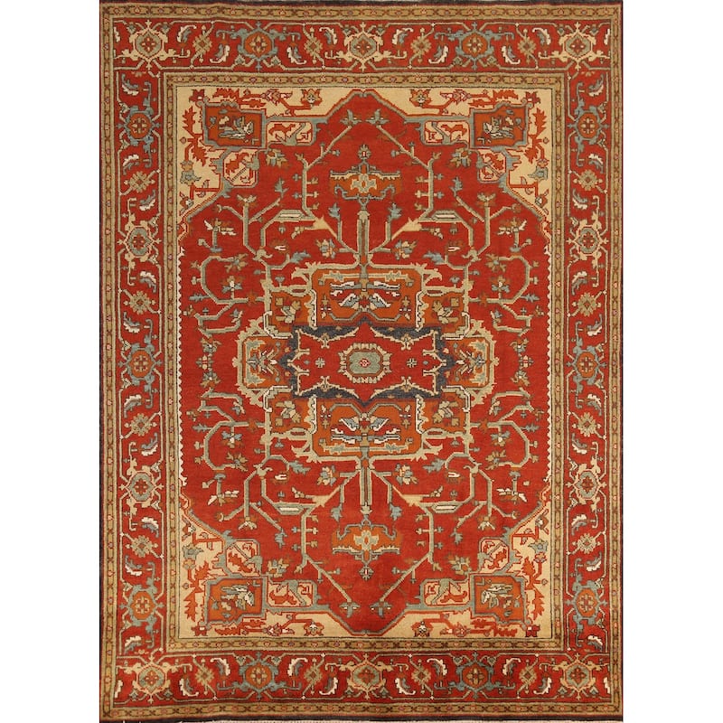 Medallion Heriz Serapi Indian Area Rug Hand-Knotted Floral Wool Carpet - 7'11" x 9'10"