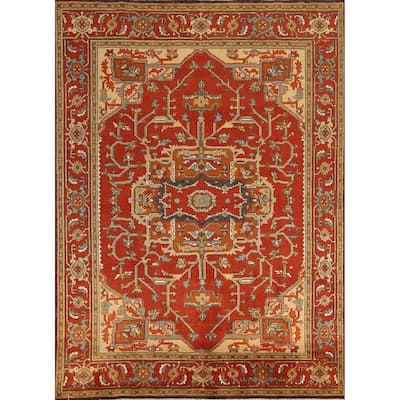 Medallion Heriz Serapi Indian Area Rug Hand-Knotted Floral Wool Carpet - 7'11" x 9'10"