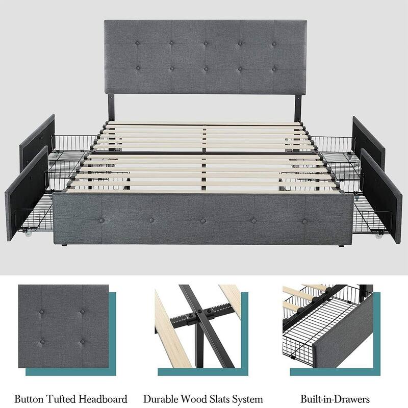 Queen Upholstered Bed with 4 Drawers & Adjustable Headboard, Dark Grey