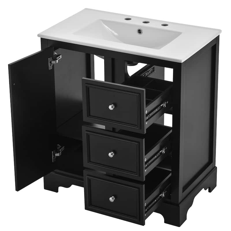 Ceramic Sink Bathroom Vanity & Mirror Cabinet Set of 2, 30" Bathroom Vanity Storage Cabinet with Adjustable Shelves, Black
