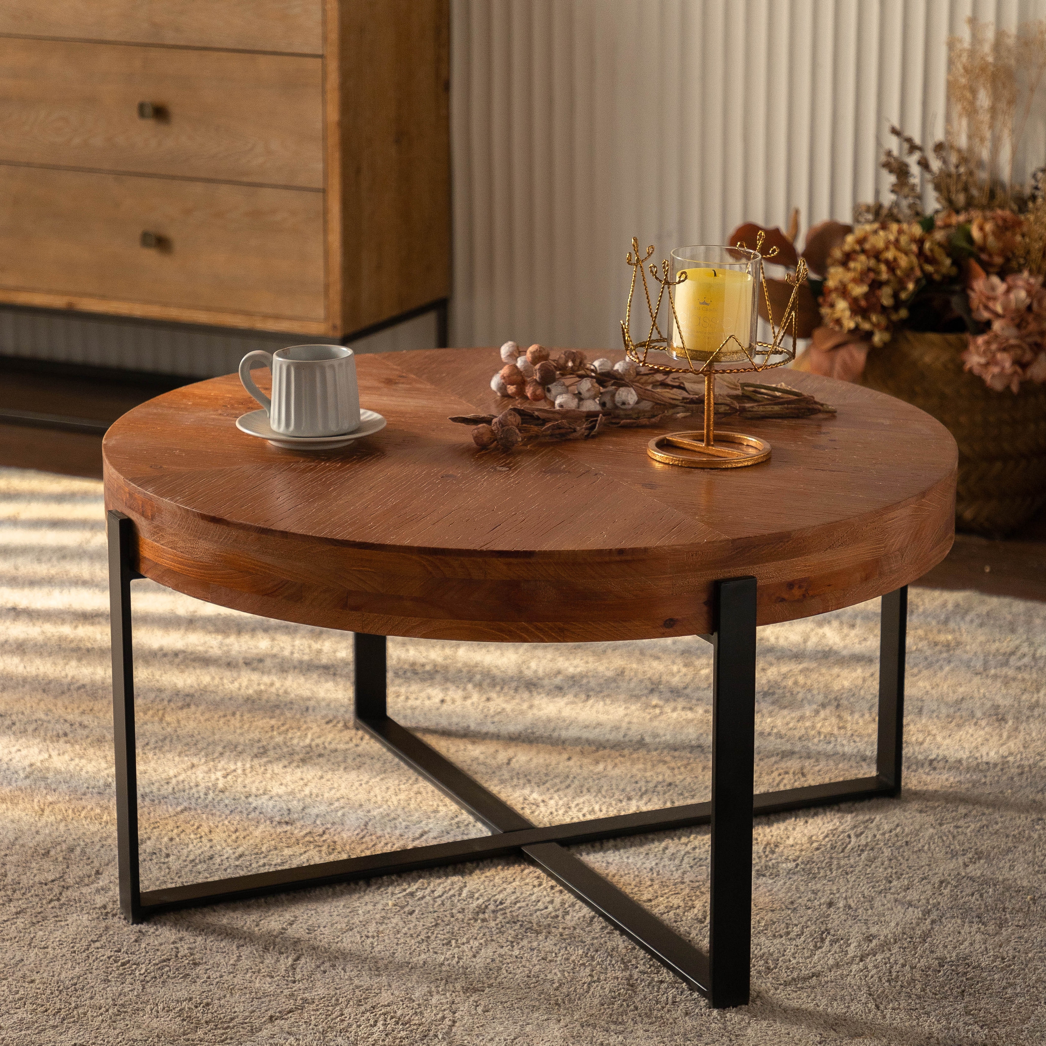Round Coffee Table Modern End Table Snack Table w/ Fir Wood Table Top and  Cross Legs Base for Living Room Office, Black+Natural - Bed Bath \u0026 Beyond -  39406848, image size:3500x3500