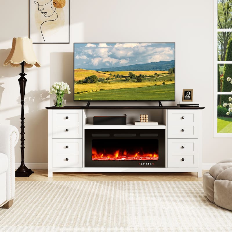 70" Modern Fireplace TV Stand for 80" TVs, Solid Wood Media Console with 36" Electric Fireplace & Storage Drawers