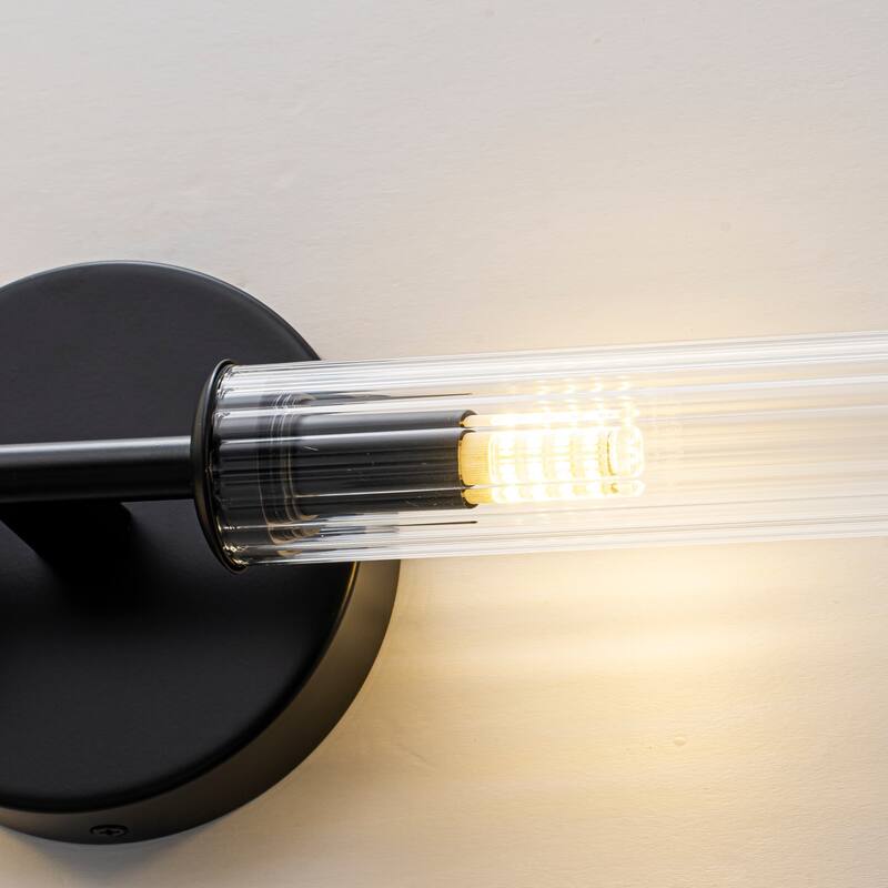 2-Light Mid-Century Modern Brushed Gold/Matte Black Finish Linear Vanity Light with Clear Striped Glass for Bathroom