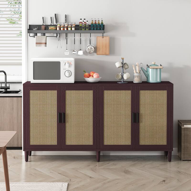 Rattan Buffet Cabinet with Storage, 4-Door Sideboard Buffet Cabinet with Adjustable Shelves for Kitchen, Living Room - Brown