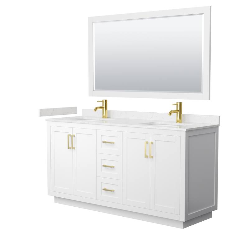 Miranda Bathroom Vanity Set, Cultured Marble Top, 58-Inch Mirror - 66-Inch Double - White, Gold Trim, Carrara Cultured Marble Top