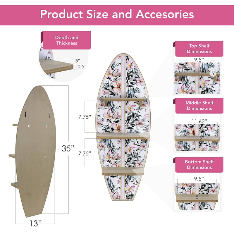 American Art Decor Surfboard Wall Shelf Coastal Beach Themed Decorative Wall Art Storage for Home or Office
