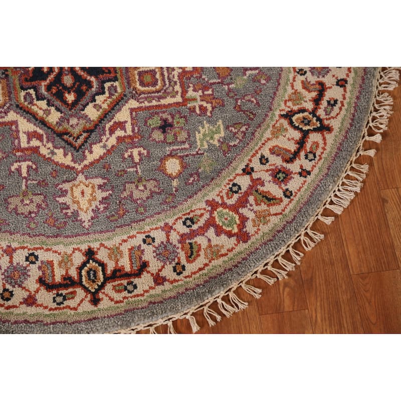 Medallion Heriz Serapi Indian Round Rug Handmade Wool Carpet - 3'10" x 3'10"