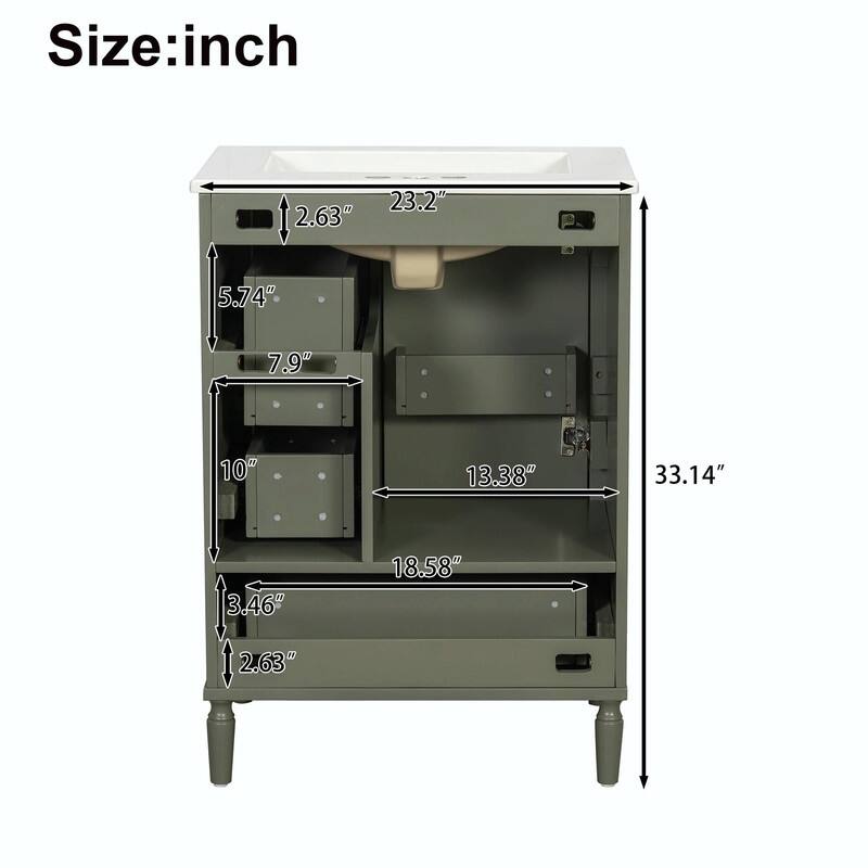 24" Modern Bathroom Vanity with Ceramic Sink, Soft-Close Door, 3 Drawers, Gold Handles & Door Rack