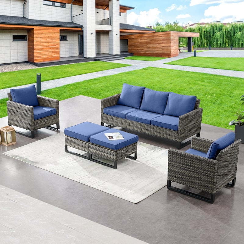 Gymojoy 3-Seat Sofa Club Chair Ottoman and Cushion - Mix Grey - Blue