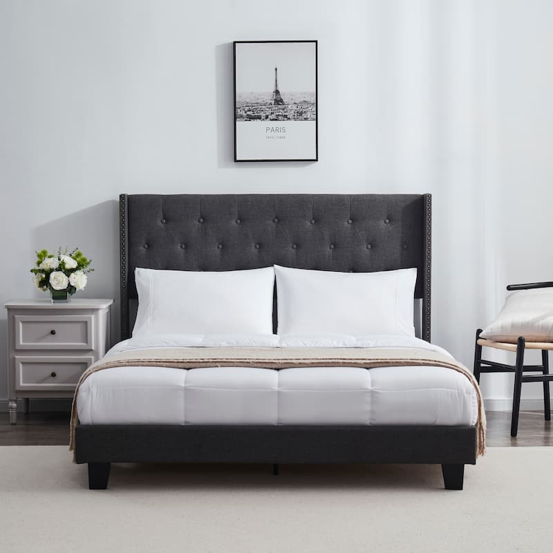 Nestl Wingback Diamond Upholstered Platform Bed - Grey - Queen