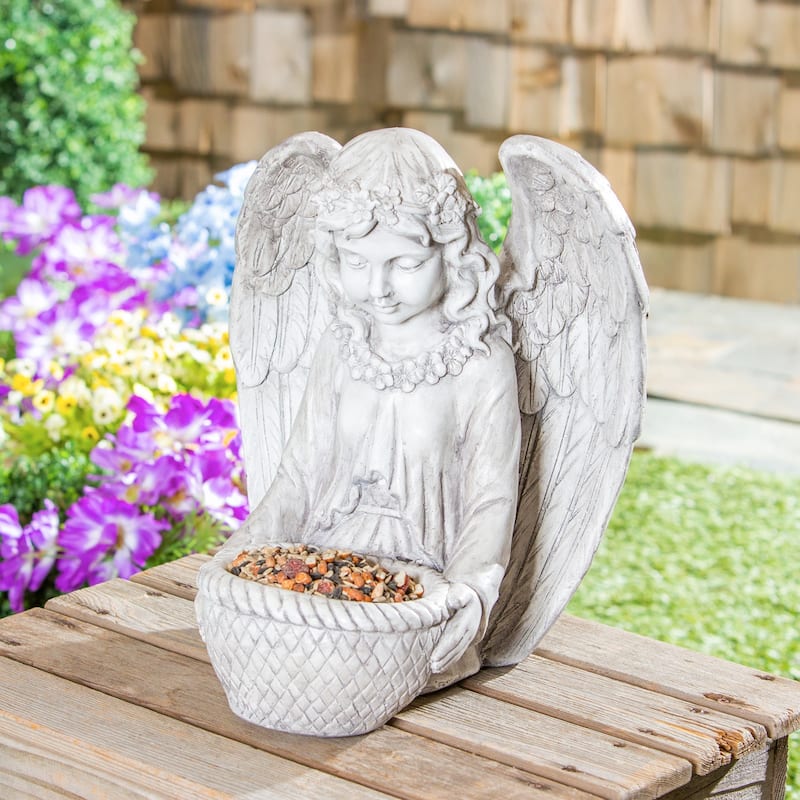 16"H Concrete Angel Bird Feeder Garden Statuary