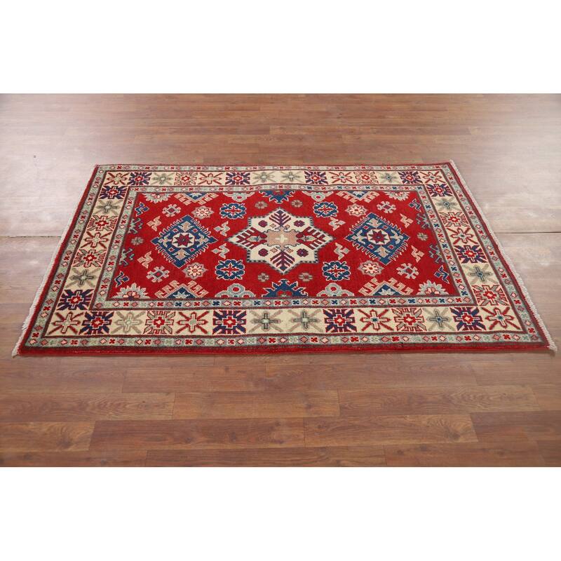 Geometric Red Kazak Accent Rug Handmade Wool Carpet - 3'4" x 5'3"