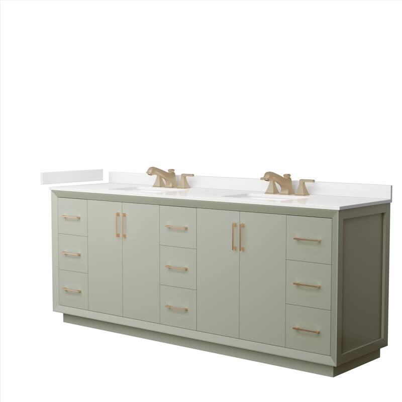 Strada 84-inch Double Vanity, Quartz Top - Light Green, Bronze Trim, White Quartz Top
