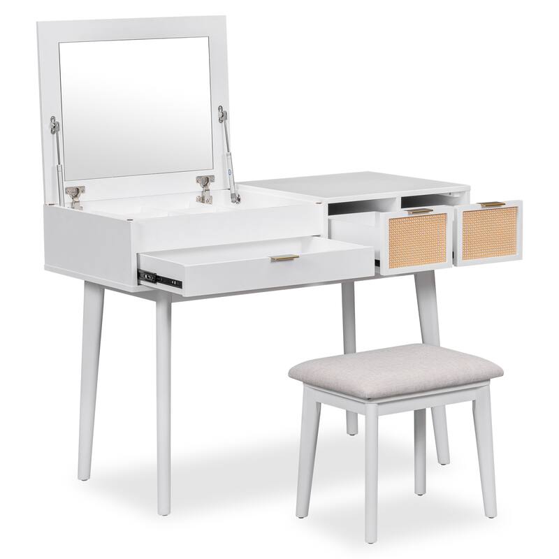 Wooden Makeup Vanity Set with Flip-top Square Mirror, Dressing Table and PU-upholstered Stool Set for Bedroom, White