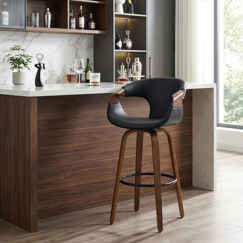 Baylor Black Faux Leather Bar Stool with Walnut Wooden Legs