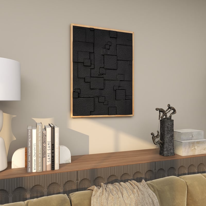 Wood Geometric Dimensional Textured Squares or Layered Shape Living Room Wall Decor with Brown Frame - Black - Roche River Decor