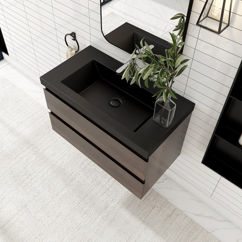 24/30/36 inch Wall-Mounted Bathroom Vanity Set in Grey Oak with Integrated Black Resin Sink