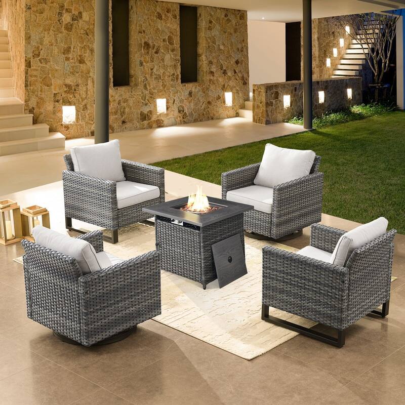 Fire Pit Table with Patio Chairs Swivel Chairs Side Table - Grey - Beige