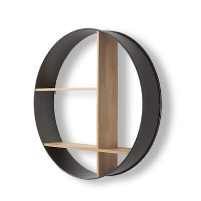 Hector Brown Wood With Black Metal Round Wall Shelving Unit