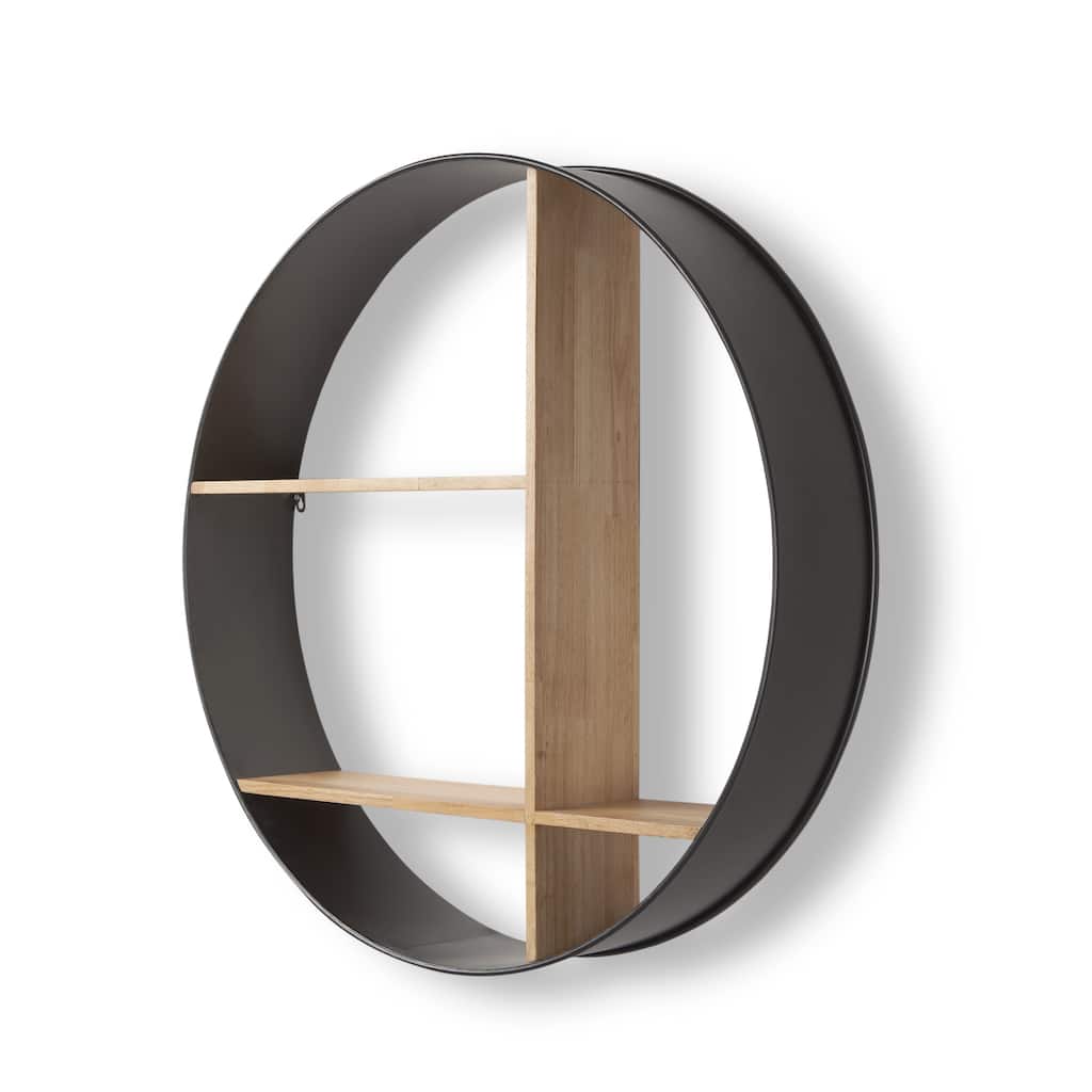 Hector Brown Wood With Black Metal Round Wall Shelving Unit